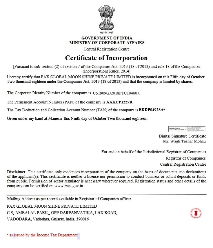 Pax Global Moon Shine Private Limited - Certificate of Incorporation
